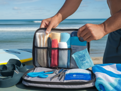 Wie packe ich ein Surf-Notfallset für unterwegs, das Riffe, Cuts und Boarddings sofort handhabbar macht